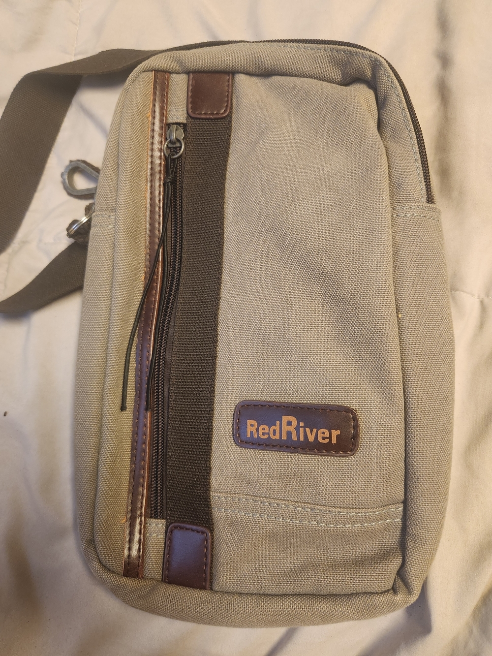 Men's Canvas Crossbody Bag in Beige with Brown Trim